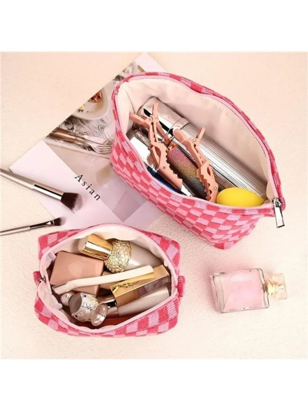 2 Pieces Makeup Bag Large Checkered Cosmetic Bags Travel Toiletry Organizer Set